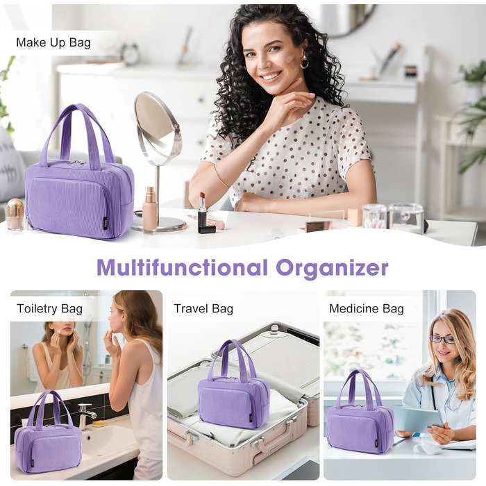 Косметичка велика для жінок Kalidi з багатьма відділеннями та відділенням для пензликів. Косметичний органайзер, сумочка для макіяжу, валізка, фіолетовий колір.