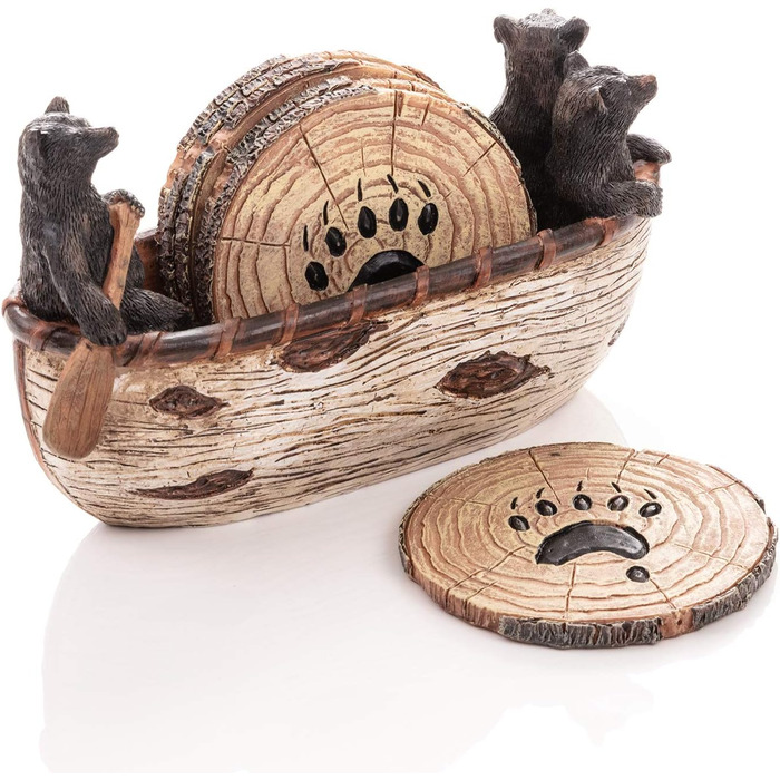 Bear Coasters Set of 6 Rustic Full Size Coasters in Handmade Canoe with Adorable Black Bear Figurines