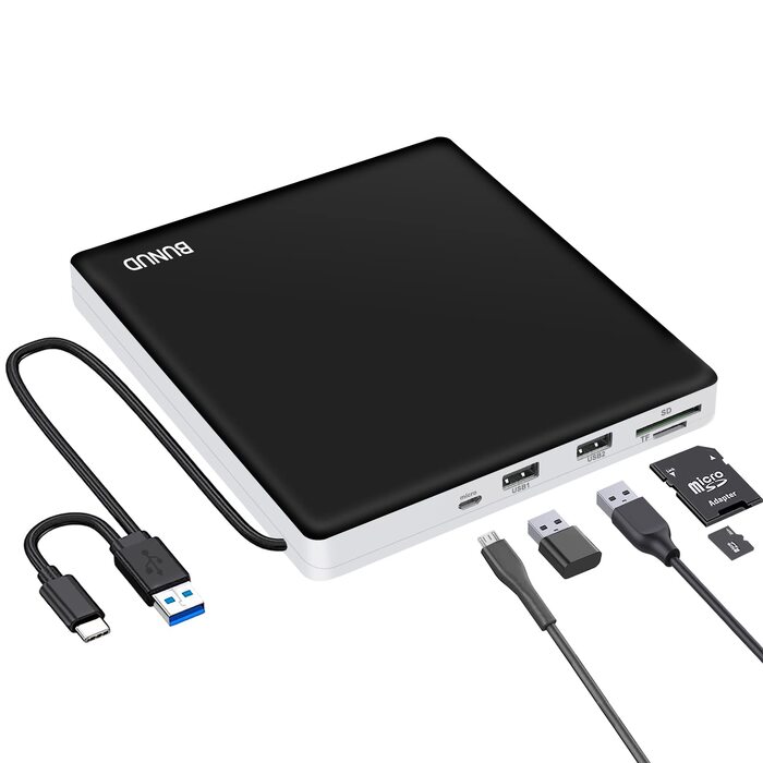 Зовнішній CD/DVD привід BU USB 3.0 & Type-C, DVD+/-RW ROM записувач з картридером SD/TF та USB-портами для ноутбука, PC, MacBook, Windows 11/10, macOS (чорний/білий)