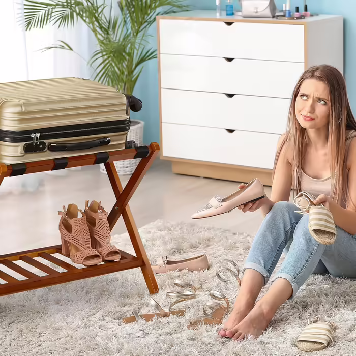 Складана підставка для валіз Relaxdays, дерев'яна, 2 полиці, 54,5x66x44,5 см, для готелів, біла/коричнева