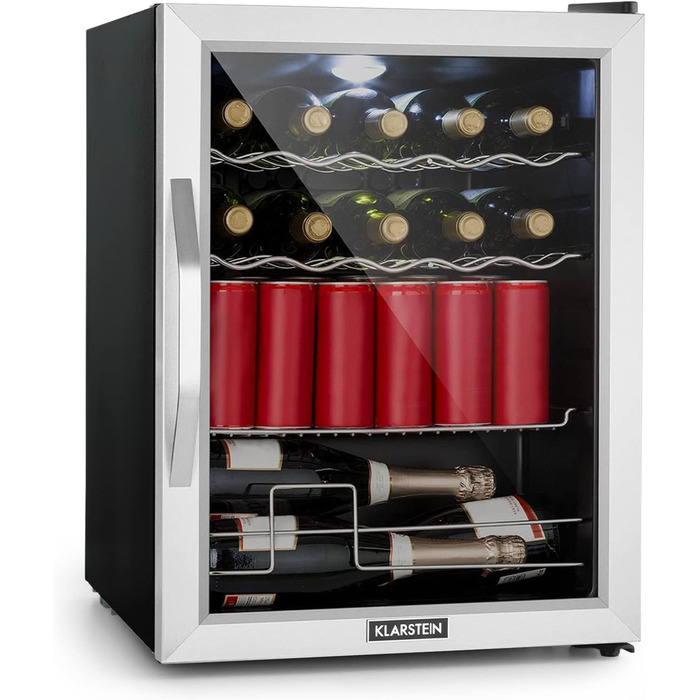 Міні-холодильник Klarstein з дверцятами зі скла, 60 літрів, для кімнати, тихий, срібно-чорний