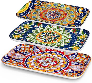 Vancasso Porcelain Serving Platter Set, SIMI Series Rectangular Plates Set, Bohemian Dinner Plates, Cake Plates, Dessert Plates, Breakfast Plates, 3 Sizes Serving Platters
