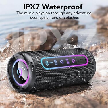 Bluetooth колонка з підсвіткою 25W, Bluetooth 5.4, Dual Bass, 24 год, IPX7 водонепроникна, портативна колонка для вечірок, подорожей, AUX/TF, Чорна