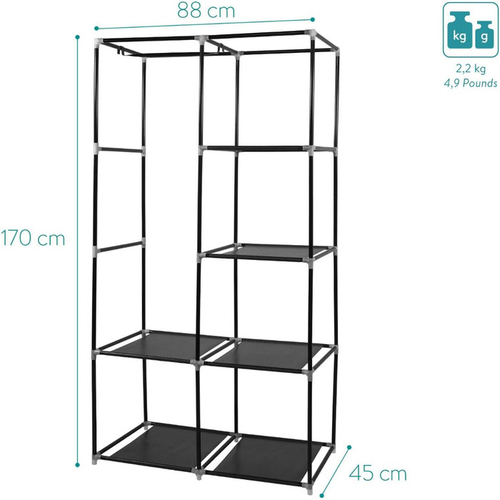 Navaris Fabric Wardrobe with Clothes Rail - Folding Wardrobe 88x170x45cm with Rail - Large, Stable Closet - Foldable Fabric Wardrobe made of Nonwoven Fabric in Light Grey (Anthracite)