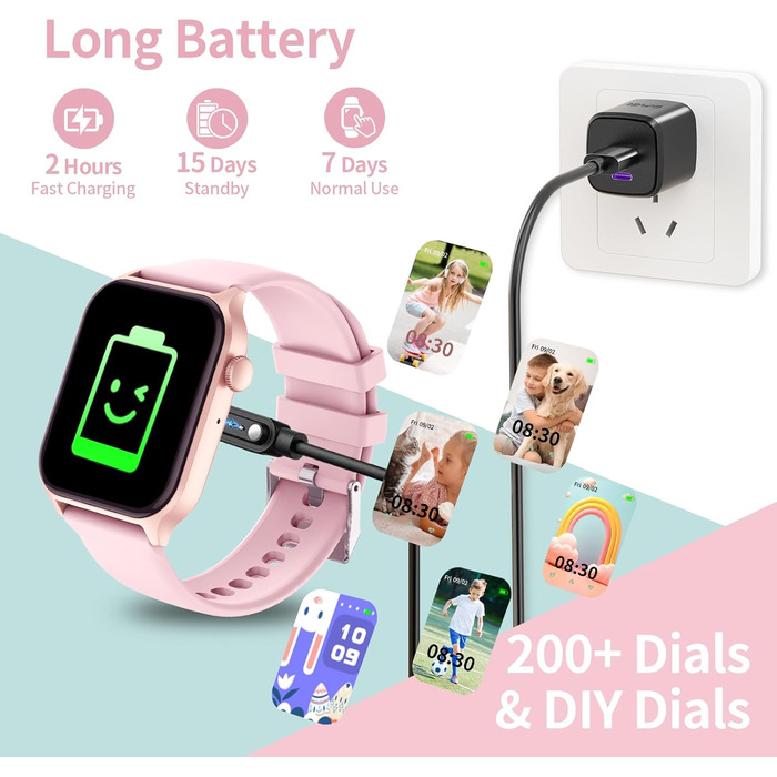 Дитячий розумний годинник Kinderuhr: фітнес-трекер з пульсометром, лічильником кроків, будильником, IP68, водонепроникний, для хлопчиків та дівчаток, рожевий