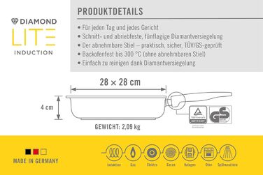 Woll Diamond Lite сковорода-гриль квадратна 28x28 см, алюмінієвий литий під тиском з діамантовим покриттям, індукція, духовка, знімний держак