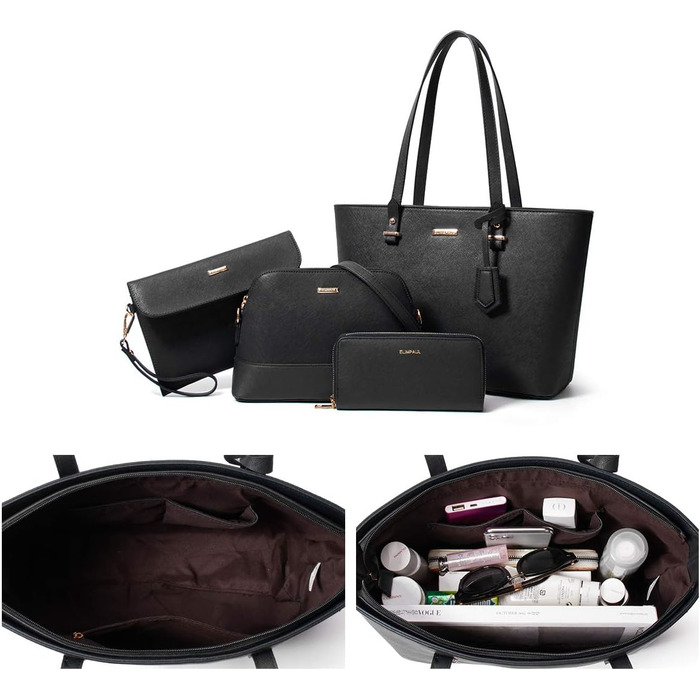 YTL Сумка жіноча Tote Shopper велика, чорна: набір 4 в 1 (офіс, школа, подорож)