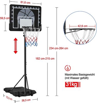 Yaheetech Adjustable Height Basketball Stand with Wheels - Portable Basketball System with Fillable Base - Indoor/Outdoor Basketball Hoop, 264cm