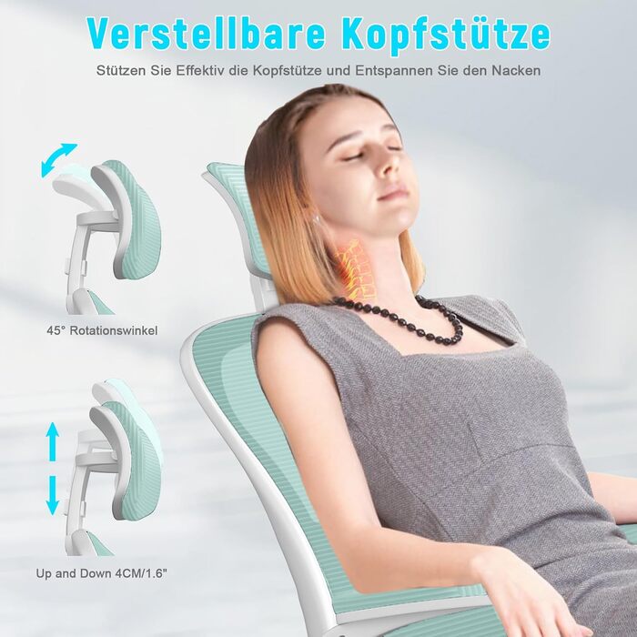 Офісний стілець Naspiro з регульованими підлокітниками, ергономічний, з сітчастою спинкою, підтримкою попереку, регульованою висотою, м'яким сидінням, поворотний на 360°, (зелений, з підголовником)