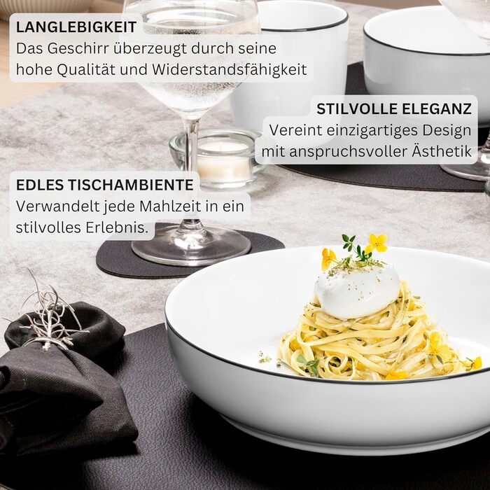 Набір посуду SÄNGER Tafelservice, 24 елементи (6 осіб), з порцеляни (Müslischalen, Dessert-, Speisetellern, Pastaschalen), сучасна форма PREMIUM COLLECTION (Marlo Black Rim)