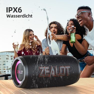 ZEALOT Bluetooth колонка 60W (70W пік) з підсвіткою, портативна, USB/Micro SD/AUX, Bluetooth 5.3, IPX6 водонепроникна, подвійне з'єднання, стереозвук для телефону, пляжу