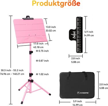 Стійка для нот Kasonic Foldable, 2-в-1, рожева, з кишенькою для нот