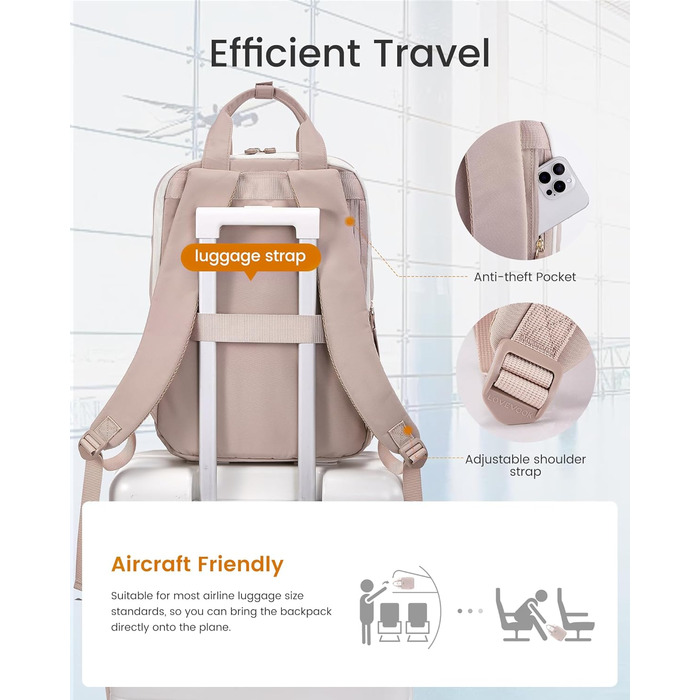 Рюкзак для ноутбука LOVEVOOK, 15.6 дюймів, жіночий, для школи/університету, подорожей, робочі будні. Водостійкий, елегантний, для дівчат-підлітків. Колір: бежево-рожевий