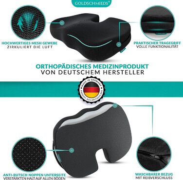 Ортопедична подушка для сидіння Goldschmieds® - для офісного крісла, авто та ін. - Знімає навантаження зі сідничної кістки, знеболює та покращує кровообіг. Made in Germany. Підходить для ваги 50-95 кг. Чорний пінополіуретан (Memory Foam)