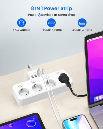 Багатофункціональна мережа роз'ємів 9 в 1 з вимикачем, USB-роз'єм 5-fach, кабель 2м, кутова мережа роз'ємів, чорний колір, індивідуальне вимкнення, для кухні та робочого столу (4 розетки, настінний монтаж)