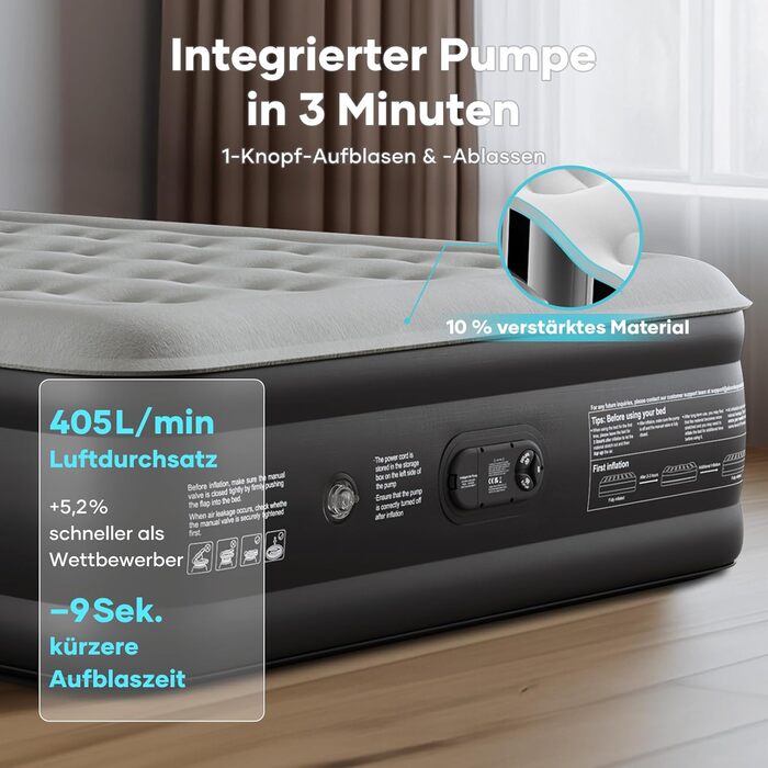 Надувний матрац OlarHike для кемпінгу та дому - 200 x 140 x 46 см, самонадувний, на 2 особи