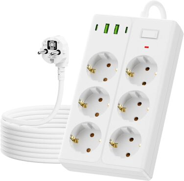 Мережевий фільтр AOUOO 8 розеток з вимикачем, 2м кабель, 3USB/3Type-C (5V/3.1A), 250V/16A, захист від перенапруги 3840W, чорний