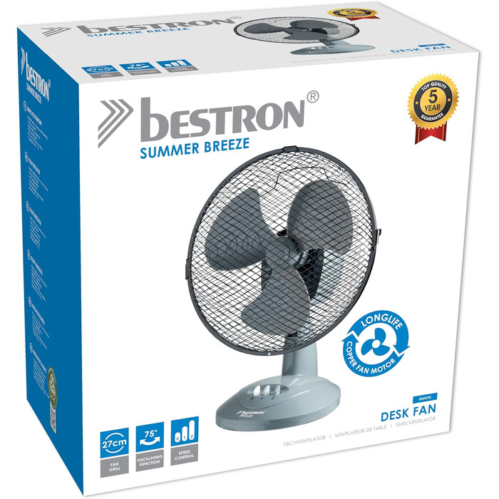 Вентилятор настільний Bestron DDF27Z сірий, 29 см, 30 Вт, 2 швидкості, з функцією осциляції 75°