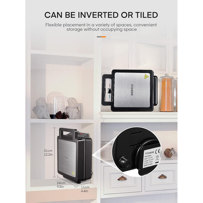 Вафельниця FOHERE з 4 пластинами, 1200W, бельгійські вафлі, антипригарне покриття, регулятор засмаги, нержавіюча сталь – ідеально для сімейного сніданку, чорний