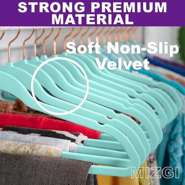 Набір плечиків для одягу MIZGI, 50 шт., з велюровим покриттям, міцні, неслизькі, з гачками кольору рожевого золота, економія місця, універсальний розмір (аква/рожеве золото)