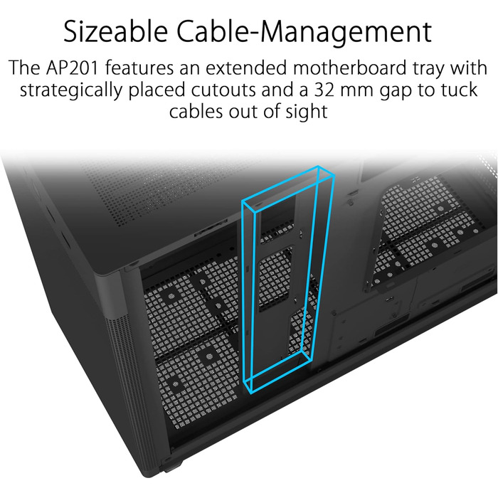 Корпус ASUS Prime AP201 MicroATX чорний (33 літри, підтримка 280/360 мм кулерів, відеокарти до 338 мм, ATX блок живлення)