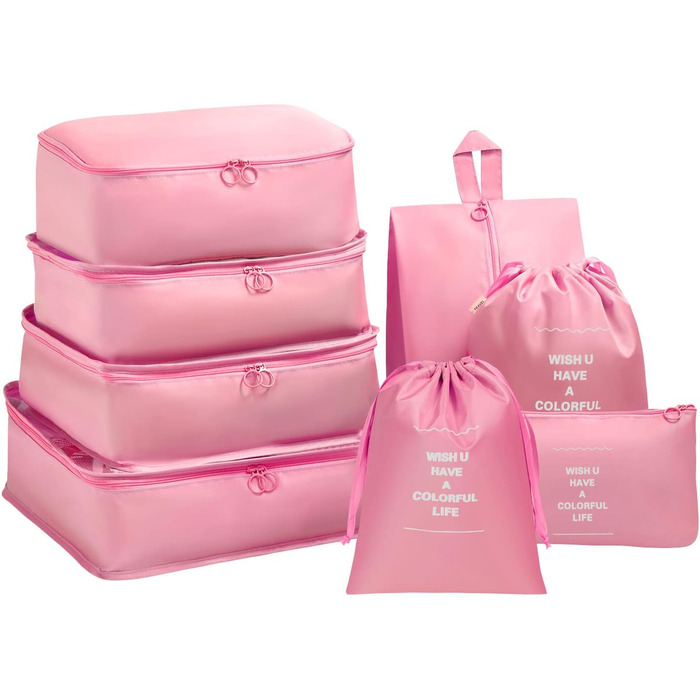 Органайзер для валізи OSDUE, набір 8 шт: кубики для пакування, водонепроникні сумочки для подорожей, сумочки для взуття, кишеня для USB-кабелів (бежевий, рожевий)