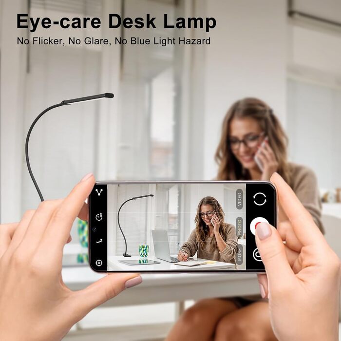 Лампа настільна LED Mojimdo 77 з пультом, 40 см, 3 кольори, 5 рівнів яскравості, гнучкий поворот 360°, USB-зарядка, чорна (70 см висота)