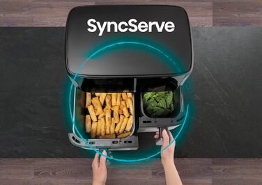 Фритюрниця повітряна Hisense HAF2700DCD, 2700 Вт, 11 л, 8 програм, антипригарне покриття, дисплей, енергоефективна, SyncServe, чорний, подвійний кошик