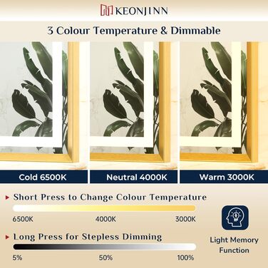 Дзеркало для ванної кімнати Keonjinn з підсвічуванням, чорний металевий каркас 60x80 см, LED, антизапар, сенсорне керування, 3 кольори світла, регулювання яскравості, пам'ять, настінне дзеркало