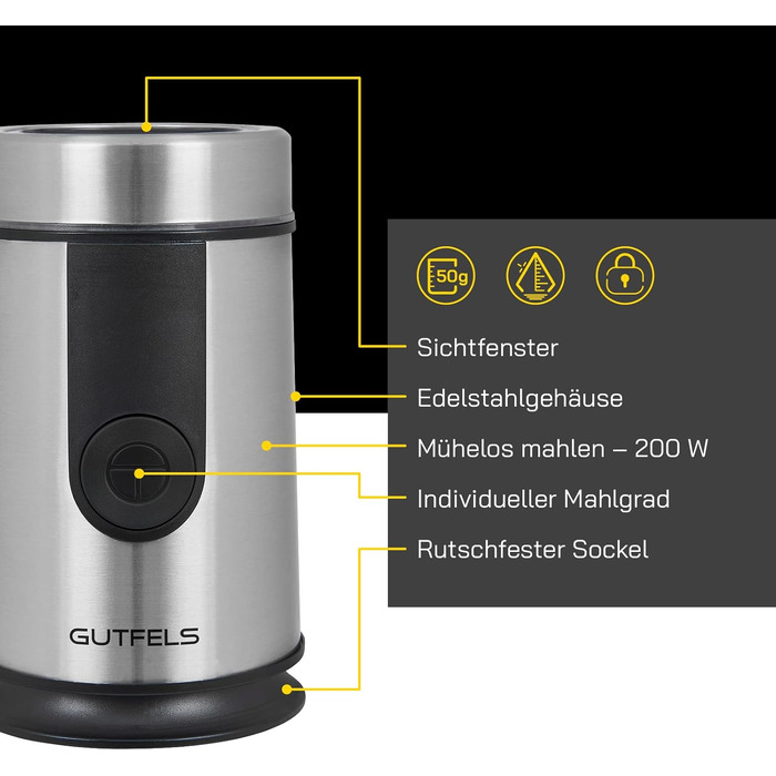 Електрична кавомолка GUTFELS COFFEE 5010, 50 г, нержавіюча сталь, з віконцем, SAFE-CLOSE