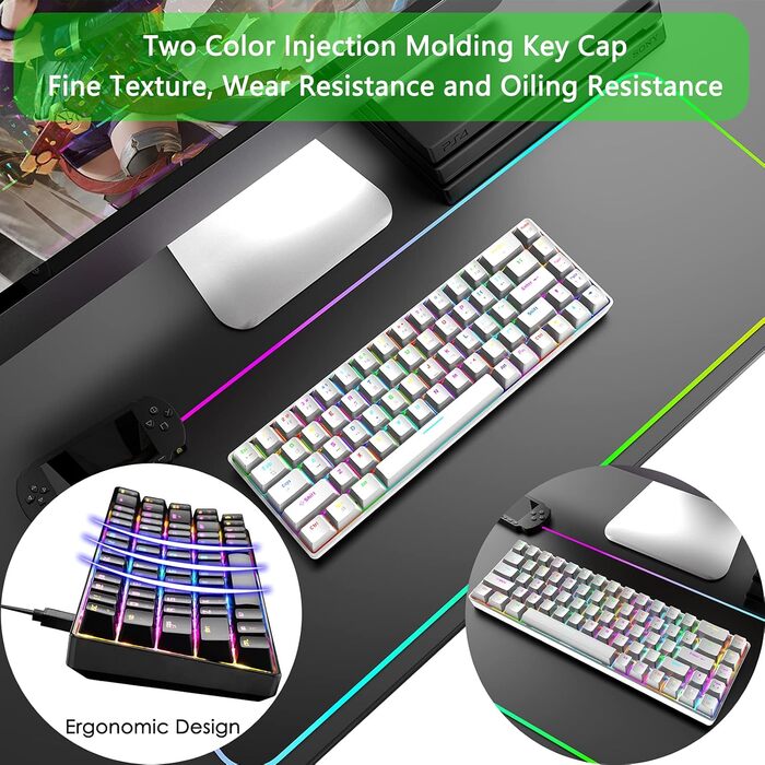 Ігровий комплект клавіатури та миші RGB, 68 клавіш, Red Switch, 60% механічна клавіатура, миша 6400DPI, USB-кабель, сумісна з Windows, Mac, PS4, білий колір