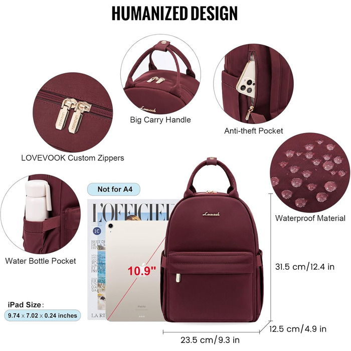 LOVEVOOK Small Backpack for Women Small City Backpack Handbag 2 in 1 Waterproof Daypack Mini Backpack Women Elegant Casual Daypack for Travel Leisure Shopping Work (11 inch, Wine)