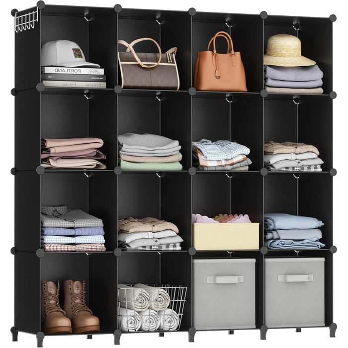 Wardrobe, Portable Shelving System, Plastic Closet with 2 Hanging Rods, Bedroom Wardrobe Closet White (Black)