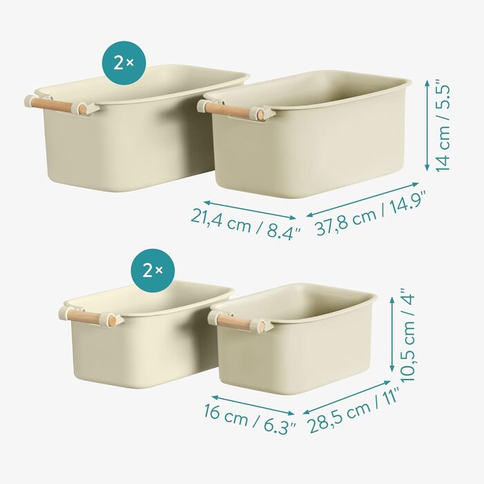 Navaris 4x Storage Box Storage Crate with Wooden Handle - Plastic Box Organizer for Storage - Container Box for Bathroom Kitchen