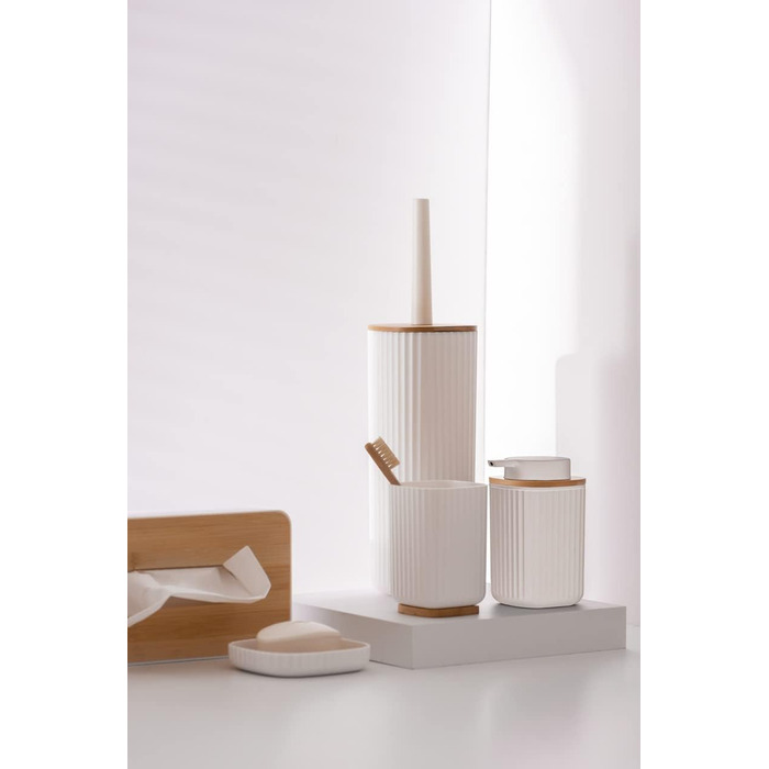 Набір для туалету WENKO Rotello: щітка та тримач з бамбуковим кришкою, білий/натуральний, Ø 10 x 36 см