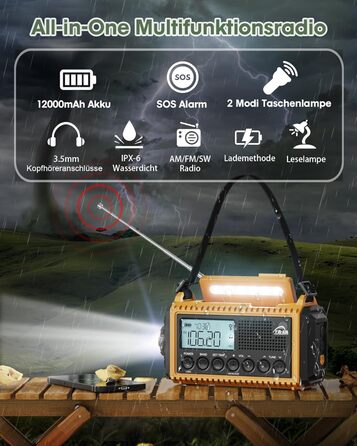 Радіоприймач Kurbelradio 12000mAh з сонячною панеллю та ручкою, AM/FM/SW, USB-зарядка, ліхтарик, SOS-сигнал, для кемпінгу та надзвичайних ситуацій, зелений
