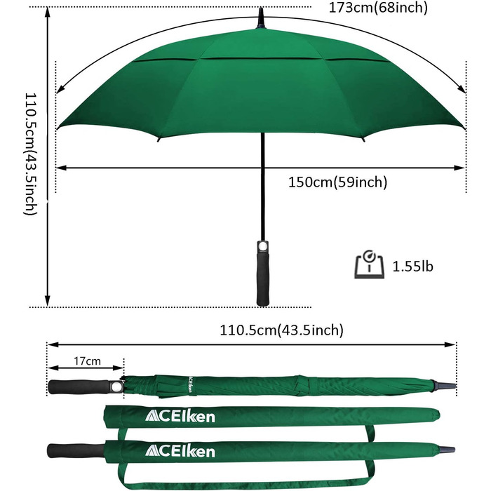 Стійкий до вітру парасолька-тростина XL/XXL з автоматичним відкриванням та подвійним вентиляційним отвором - високоякісний парасолька для жінок та чоловіків, ідеально підходить як парасолька для гольфу (темно-зелений, 68 дюймів/172 см)