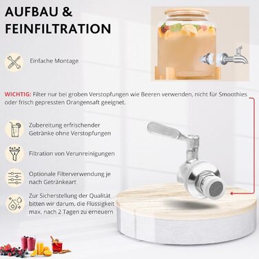 Singer | Punch Bowl Set with Glass Straws and Glasses, Punch Bowl Bowl with Wooden Lid, Drink Dispenser with Tap incl. 6 Glasses, Drink Dispenser for Mulled Wine and Punch, 7.8 Liter Glass Container
