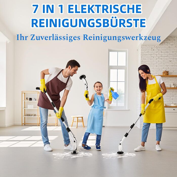 Електрична щітка для прибирання: 7 насадок, 3 довжини, 90 хв роботи, 2 режими швидкості для ванної, кухні, авто