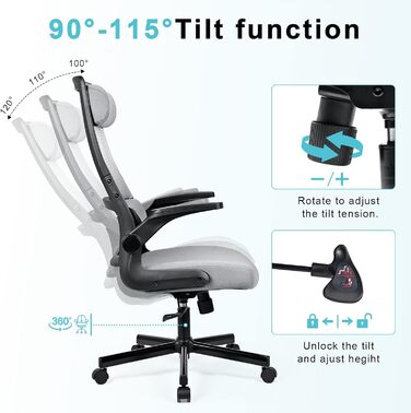 Ергономічне крісло для офісу з регульованою підголовником, сітчасте крісло для робочого столу, відкидні підлокітники, широке сидіння, функція гойдання, комп'ютерне крісло EN 1335, офісне крісло 200 кг, сіре та чорне