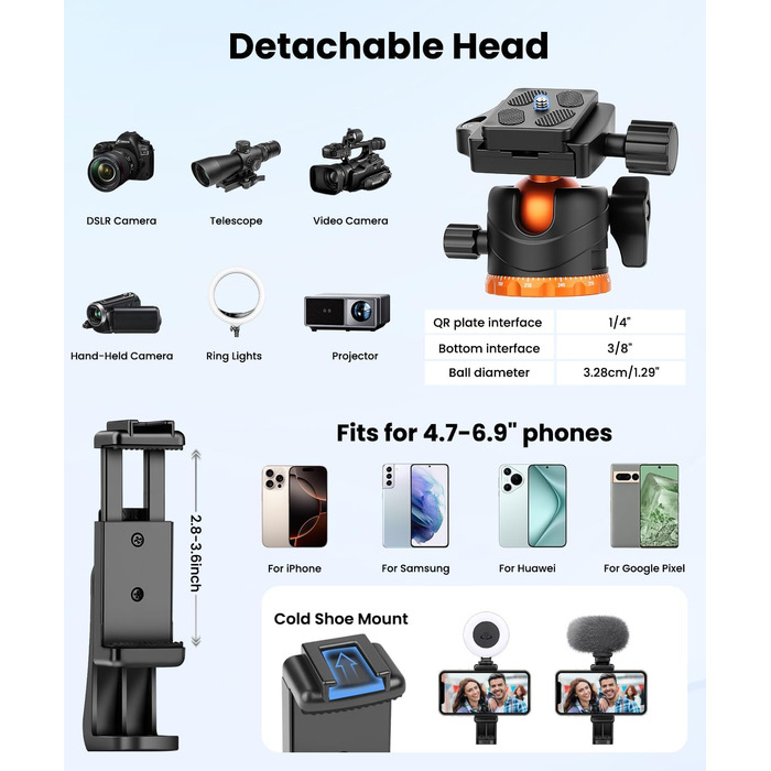Штатив для камери JOILCAN з алюмінію, 168 см, міцний туристичний штатив з поворотним голковим кріпленням 360° та тримачем для телефону, вантажопідйомність 8 кг, для DSLR Canon Nikon Sony, штатив для iPhone/Smartphone