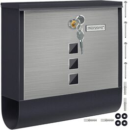 Поштовий ящик Monzana Kreuzschloss з мідним циліндром, поворотна кришка 31x10x34 см, вікно, табличка для імені, відділення для газет, сталь, 2 ключі, чорно-срібний