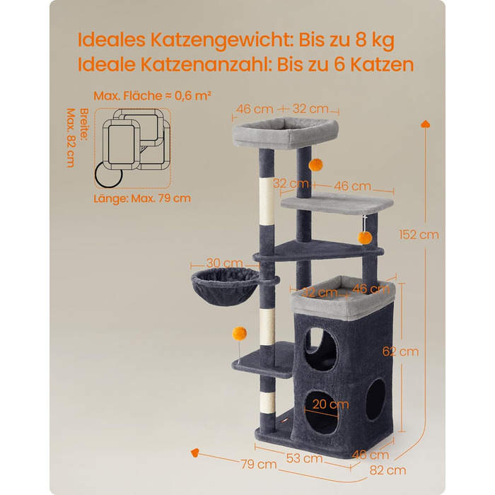 Двоповерховий котячий будиночок Feandrea з когтеточками, 152 см, сірий (PCT007G01)