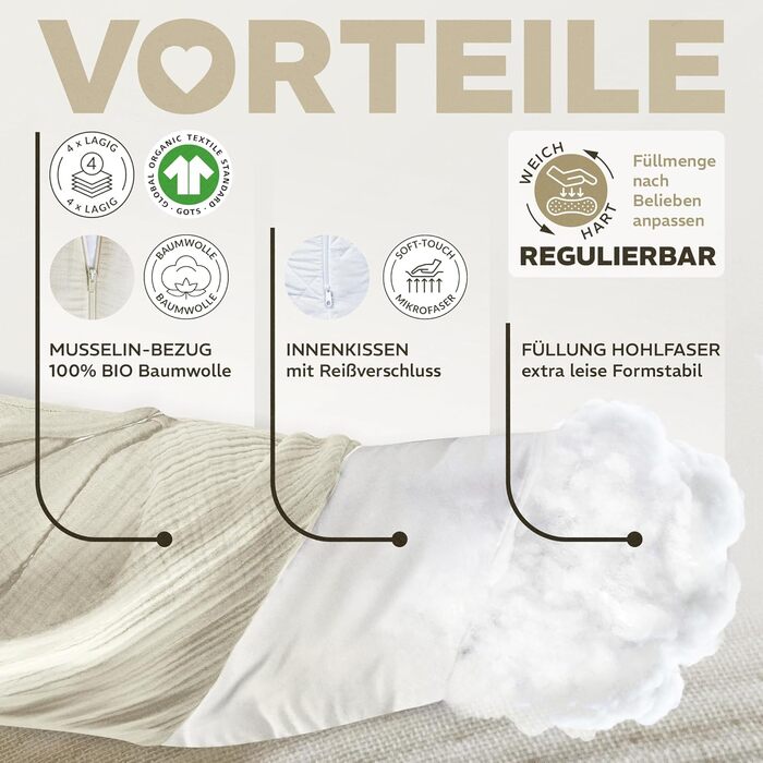 Подушка для годування sei Design XXL 190x30 см з мусліновою наволочкою, ергономічна, для вагітних, для сну на боці, комфортна подушка для дорослих, наволочка з 100% органічної бавовни муслін