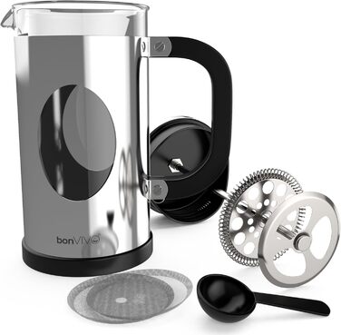 bonVIVO GAZETARO French Press - кавоварка френч-прес з нержавіючої сталі, скляна колба, 8 чашок (срібло)