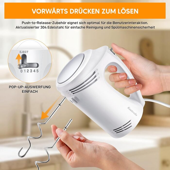 Міксер ручний 350 Вт, 5 швидкостей, з нержавіючої сталі (змішувач та гак для тіста), ергономічна ручка, довгий кабель, BPA-free – білий KS1 S1 білий