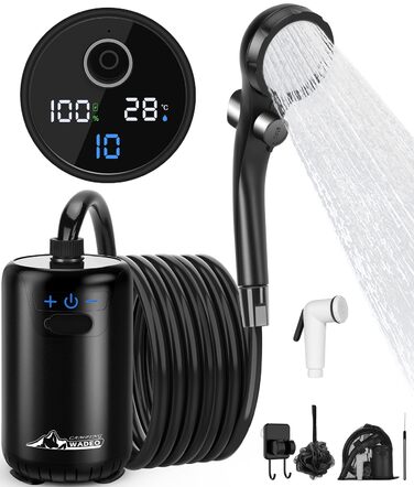 Портативна душова кабіна WADEO для кемпінгу з акумулятором та насосом, 10 режимів, 6000 mAh, 3 години роботи, подвійний цифровий дисплей, для відпочинку на природі, подорожей та саду (чорна)