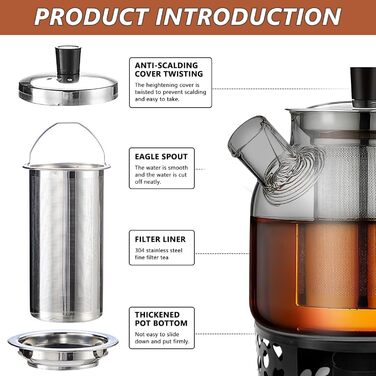 Скляний чайник з ситечком та підставкою для підігріву, 1500 мл, з боросилікатного скла, для листового чаю та чайних пакетів, чорний