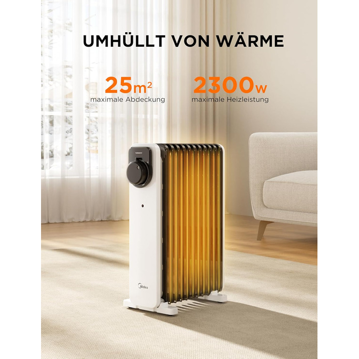 Електричний масляний радіатор Midea 2000W з 11 ребрами, 3 режими нагріву, термостат, захист від перекидання та перегріву, тихий, для дому та офісу