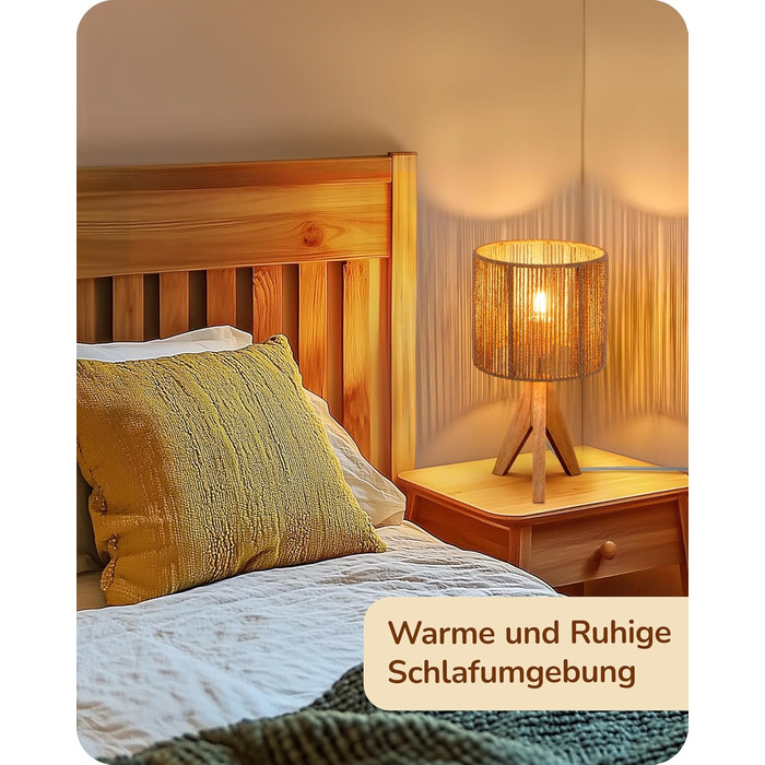 LED настільна лампа EDISHINE з абажуром з ручної роботи та дерев'яною ніжкою, 2700K, тепле біле світло, бохо стиль, для спальні, вітальні, готелю, з лампочкою E27 4W, в'язаний паперовий шнур